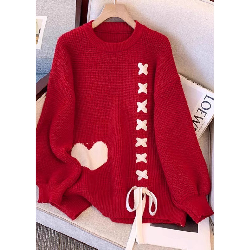 Fashion Red O-Neck Lace Up Knit Sweater Tops Winter