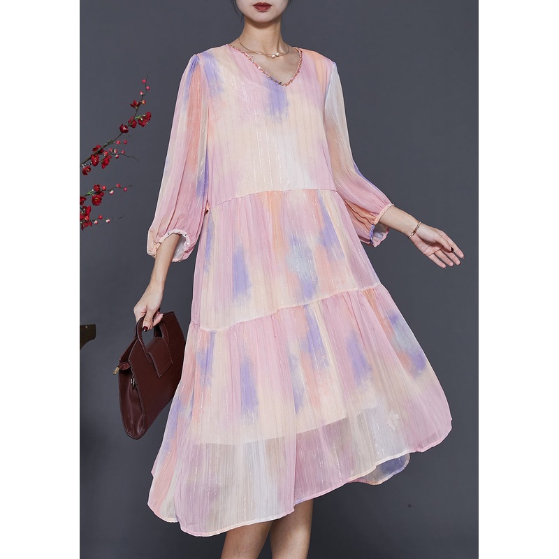 Fine Rainbow Sequins Tie Dye Silk Maxi Dresses Lantern Sleeve