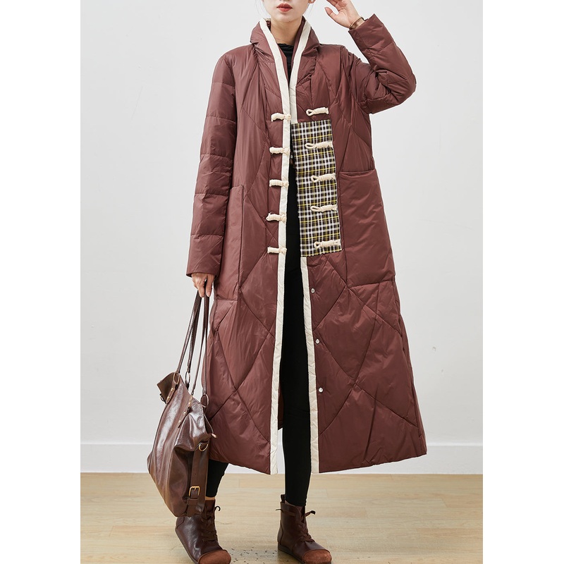 Fitted Brown Stand Collar Chinese Button Duck Down Puffers Jackets Winter