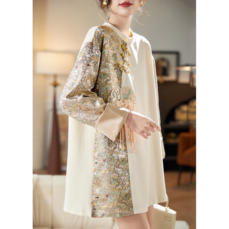 French Beige O-Neck Print Patchwork Cotton T Shirt Long Sleeve