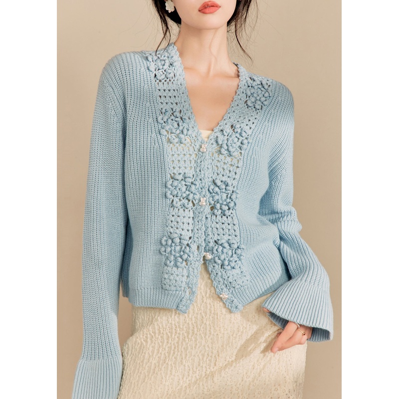 French Blue Button Hollow Out Knit Sweaters Flare Sleeve