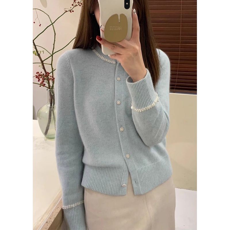 French Blue O Neck Handmade Nail Bead Knit Cardigan Fall