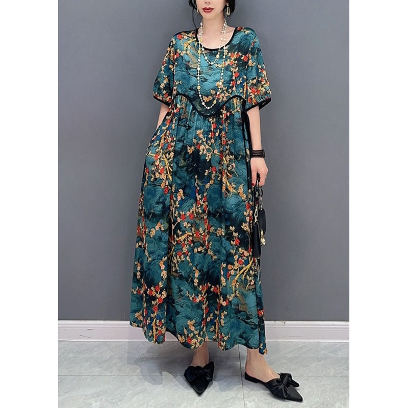 French Blue O Neck Print Wrinkled Patchwork Cotton Dresses Summer