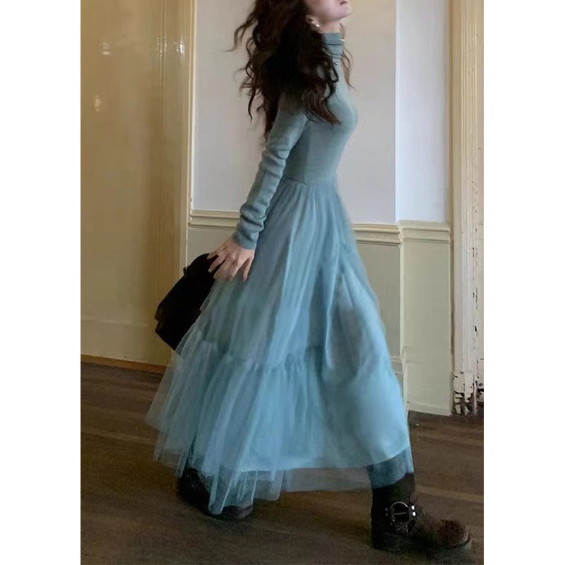 French Blue Ruffled Asymmetrical Tulle Patchwork Knit Dresses Spring