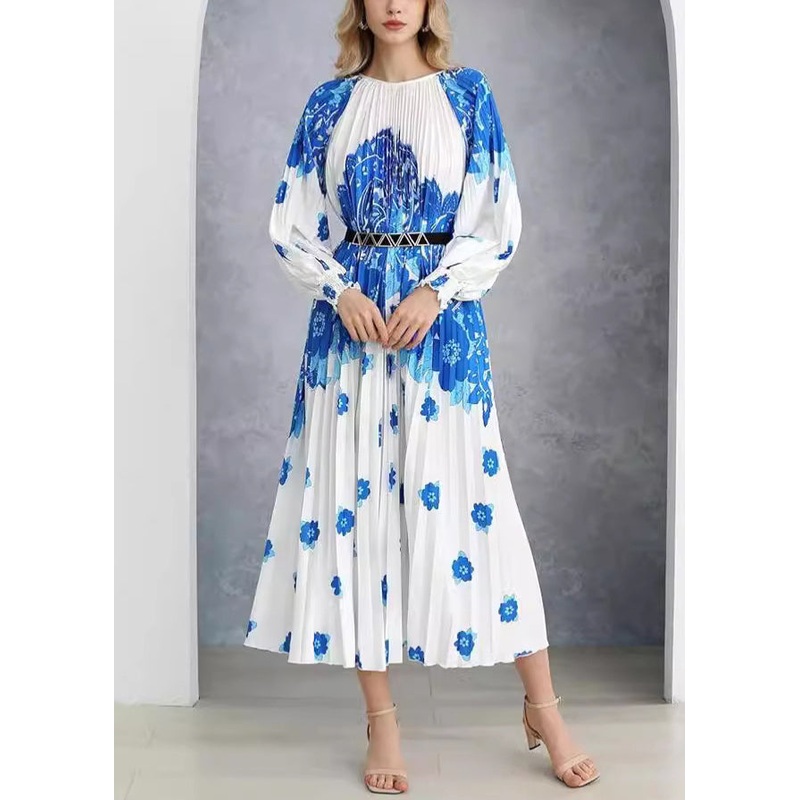 French Blue Wrinkled Print Cotton Long Dress Fall