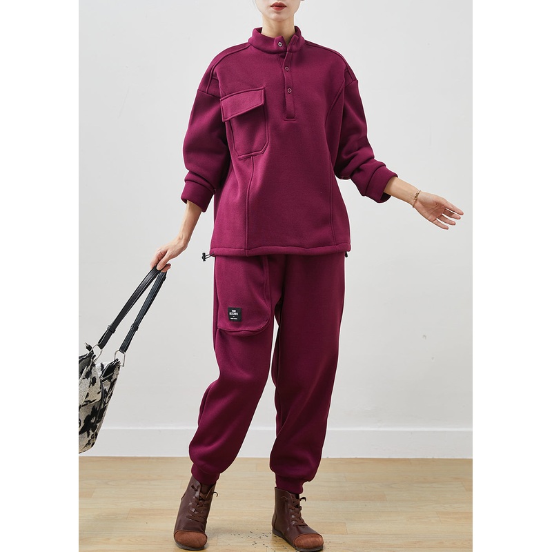 French Dull Purple Oversized Warm Fleece Two Pieces Set Winter