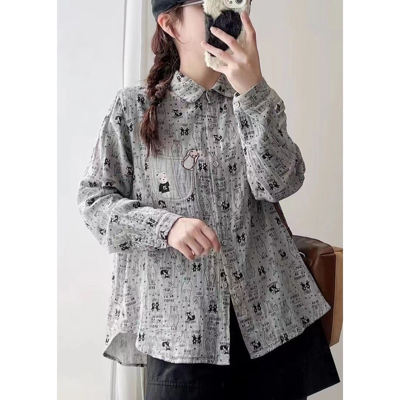 French Grey Peter Pan Collar Button Print Cotton Shirts Spring