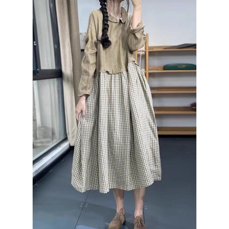 French Khaki Pockets Patchwork Linen Long Dresses Spring