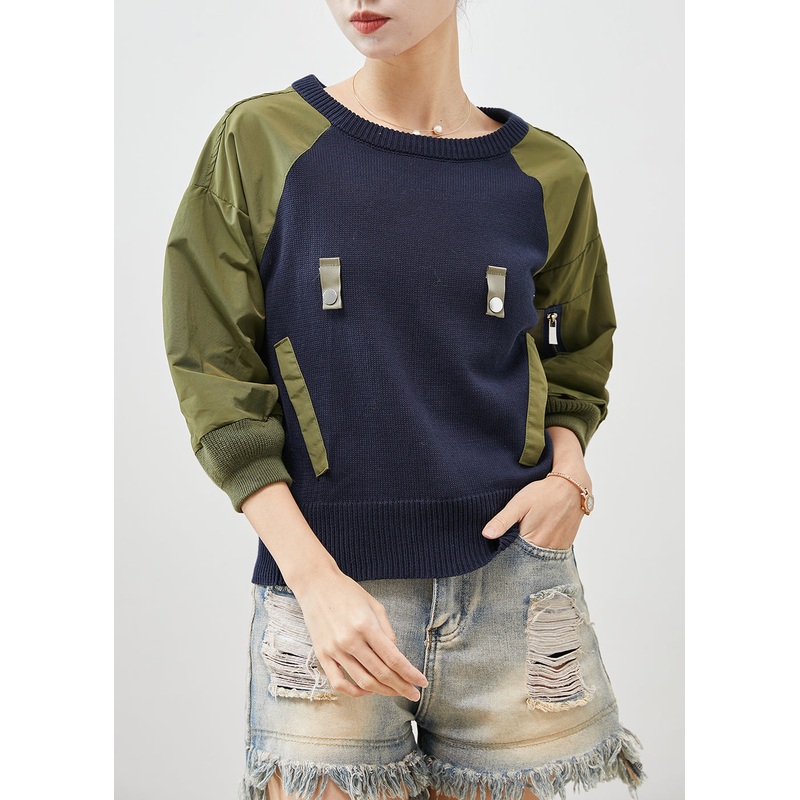 French Navy Zip Up Patchwork Knit Sweatshirts Top Spring