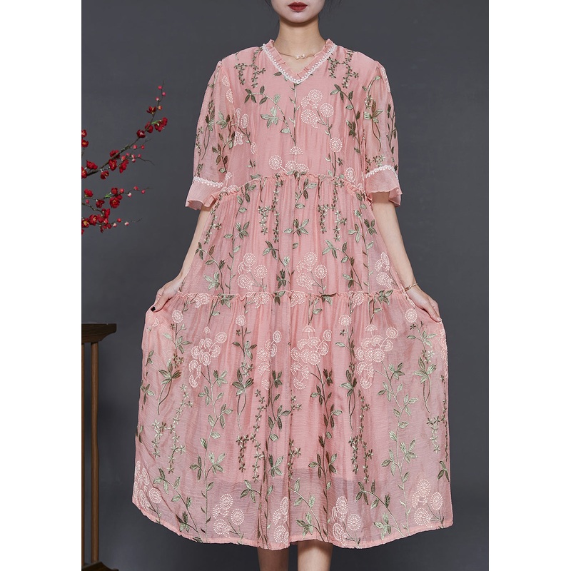 French Pink Ruffled Embroidered Silk Maxi Dresses Summer