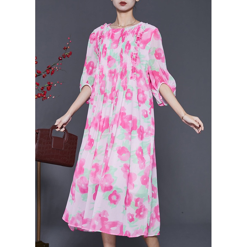 French Pink Ruffled Print Wrinkled Chiffon Long Dress Summer