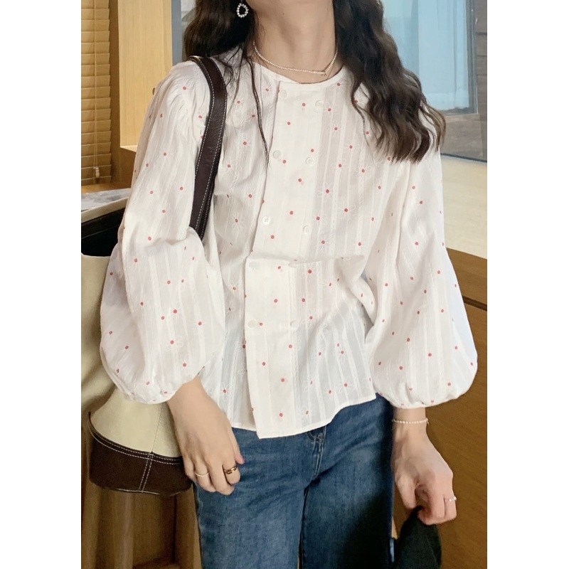 French White O-Neck Print Button Cotton Shirts Lantern Sleeve