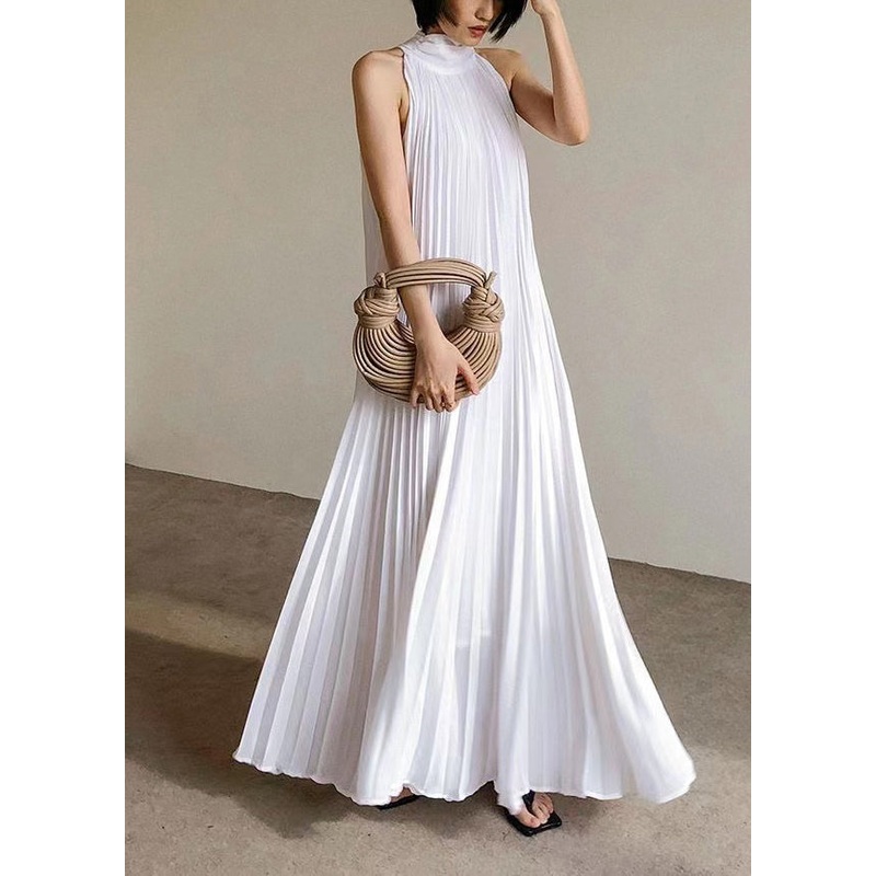 French White Pleated Hanging Neck Off Shoulder Long Dress Summer
