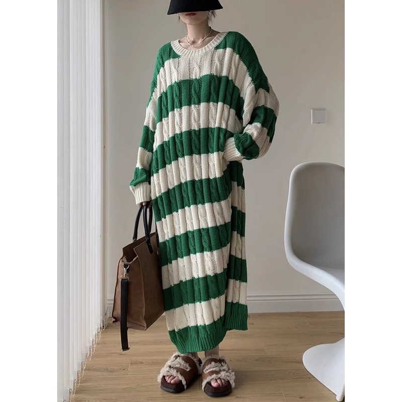 Green Cozy Cotton Cable Long Knit Dress O Neck Winter