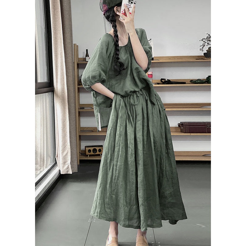 Green Wrinkled Pockets Cotton Two Pieces Set Solid Half Sleeve