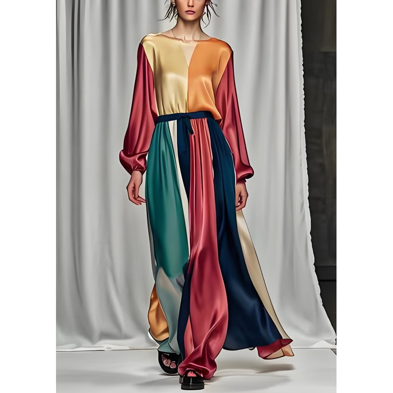 Handmade Colorblock Patchwork Silk Dress Long Sleeve