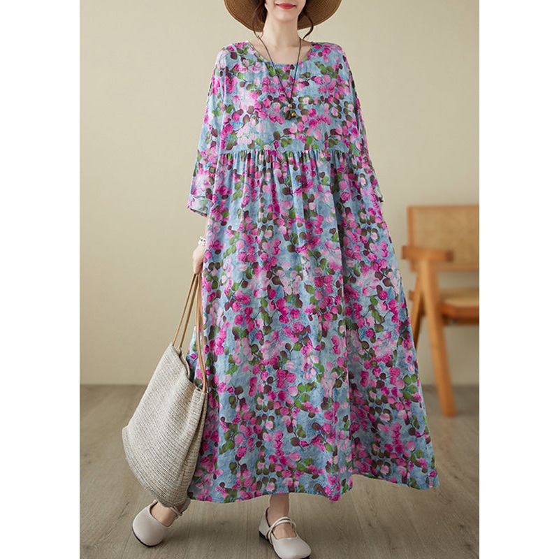 Handmade Rose O-Neck Print Wrinkled Long Dresses Spring