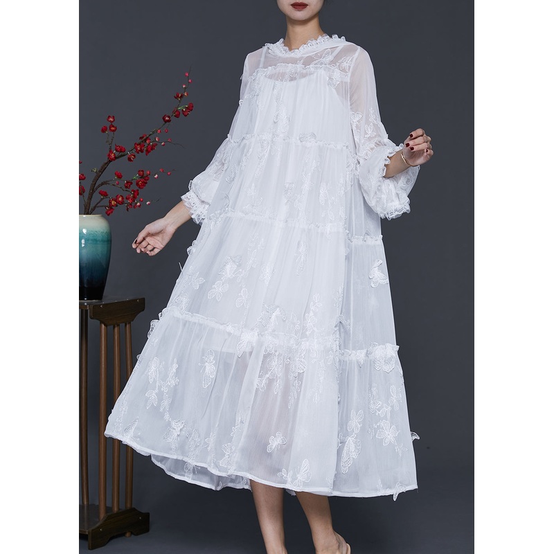 Handmade White Embroidered Oversized Lace Dresses Flare Sleeve