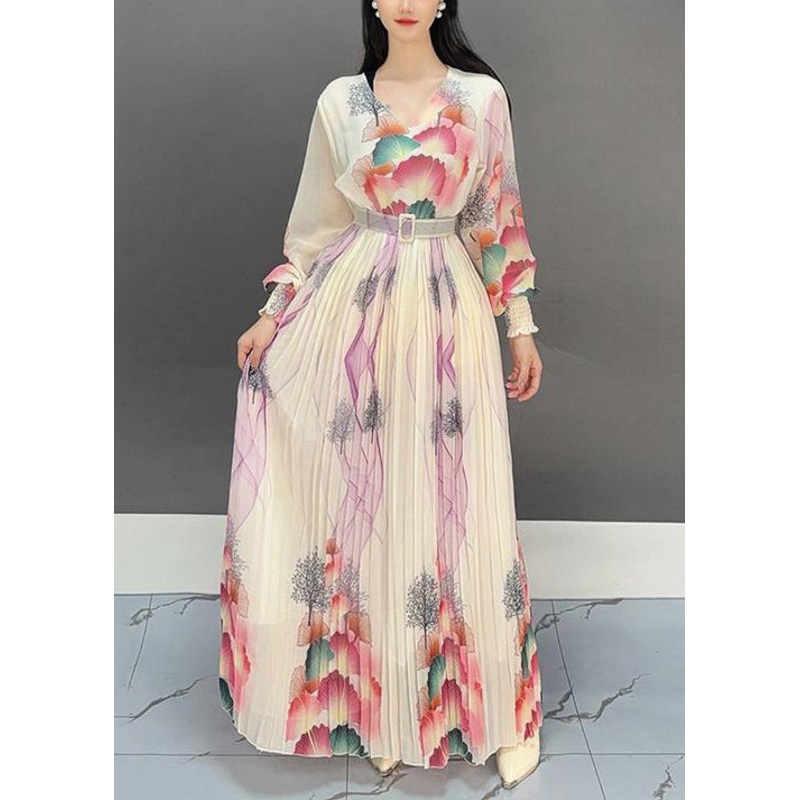 Italian Apricot V Neck Print Wrinkled Long Dress Fall