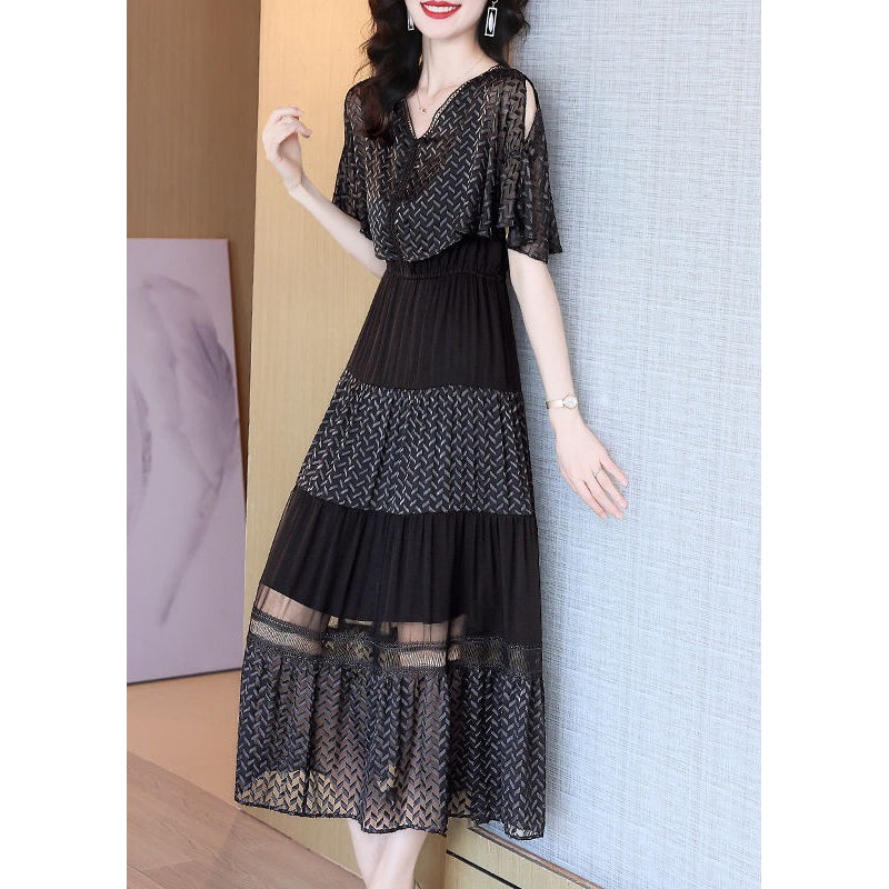 Italian Black V Neck Wrinkled Patchwork Chiffon Long Dresses Summer
