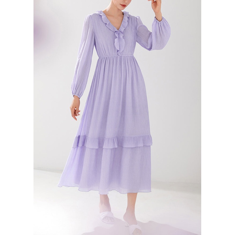 Italian Purple Ruffled Elastic Waist Silk Long Dresses Fall