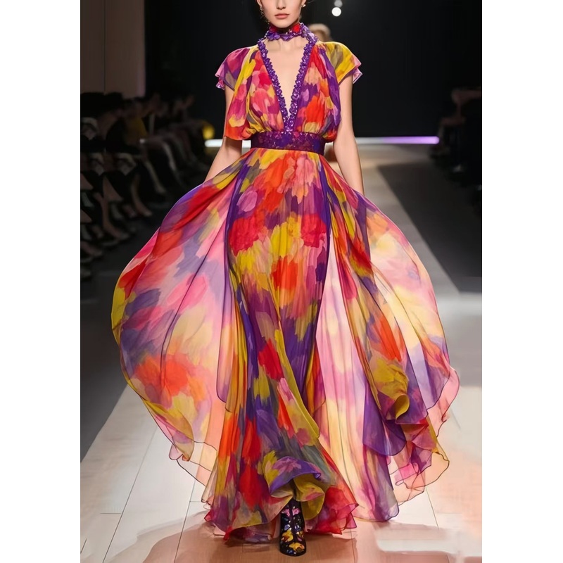 Italian Rainbow Cinched Print Chiffon Dress Summer