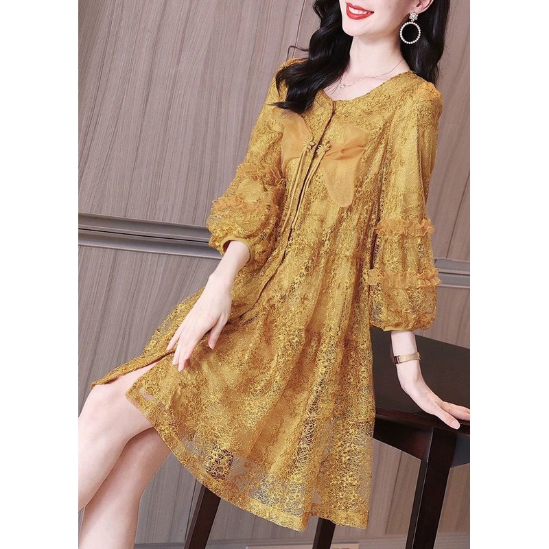Italian Yellow Ruffled Button Lace Shirt Mid Dress Bracelet Sleeve