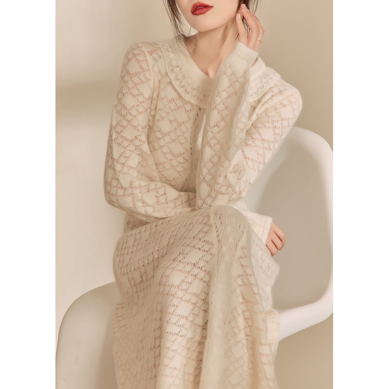 Jacquard Beige O-Neck Flattering Knitted Cotton Thread Maxi Dresses Fall