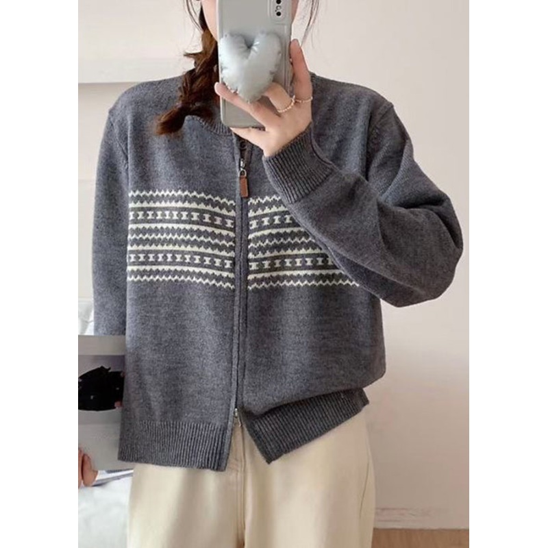 Jacquard Grey Zip Up Cozy Knit Coat Fall