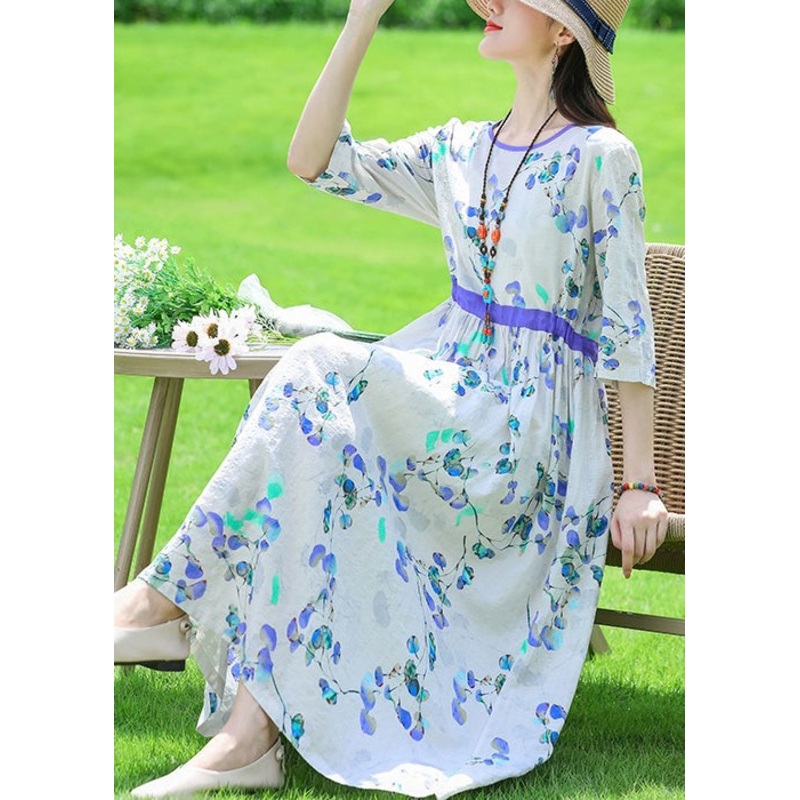 Light Blue Pockets Linen Long Dress O Neck Half Sleeve