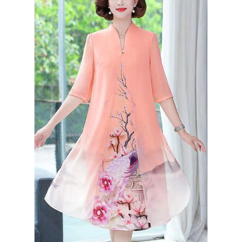 Light Orange Print Chiffon Dress Stand Collar Half Sleeve