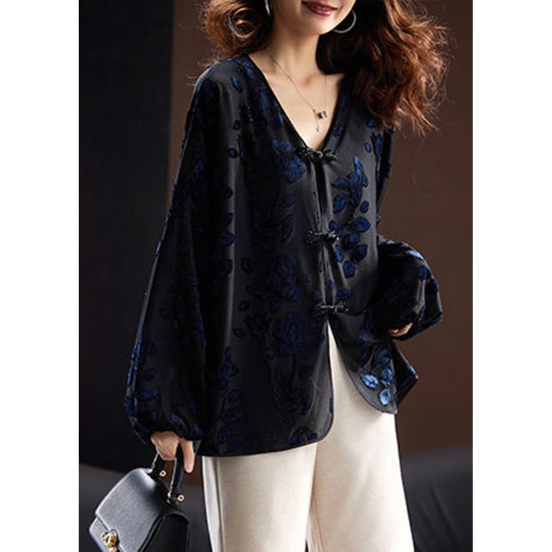 Loose Black V Neck Embroideried Button Velour Top Long Sleeve