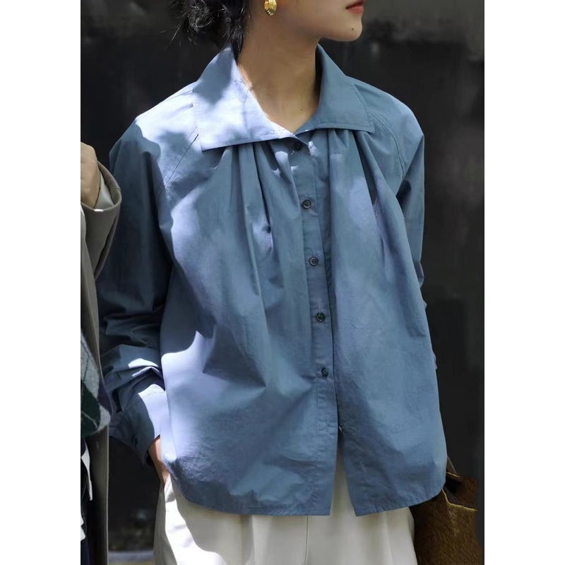 Loose Blue Button Wrinkled Patchwork Cotton Shirt Long Sleeve