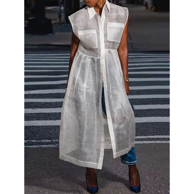Loose Buttoned Pockets See-Through Split-Joint Transparent Lapel Midi Dresses