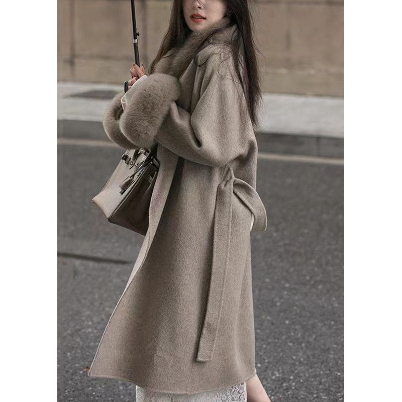 Loose Coffee Fur Collar Tie Waist Pockets Woolen Coat Spring