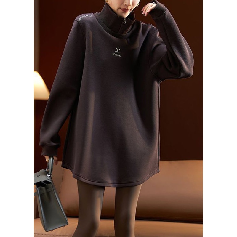 Loose Coffee Zippered Embroideried Cotton Sweatshirt Spring