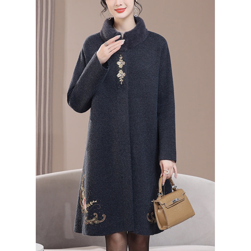 Loose Dark Gray Stand Collar Zircon Pockets Wool Coats Spring