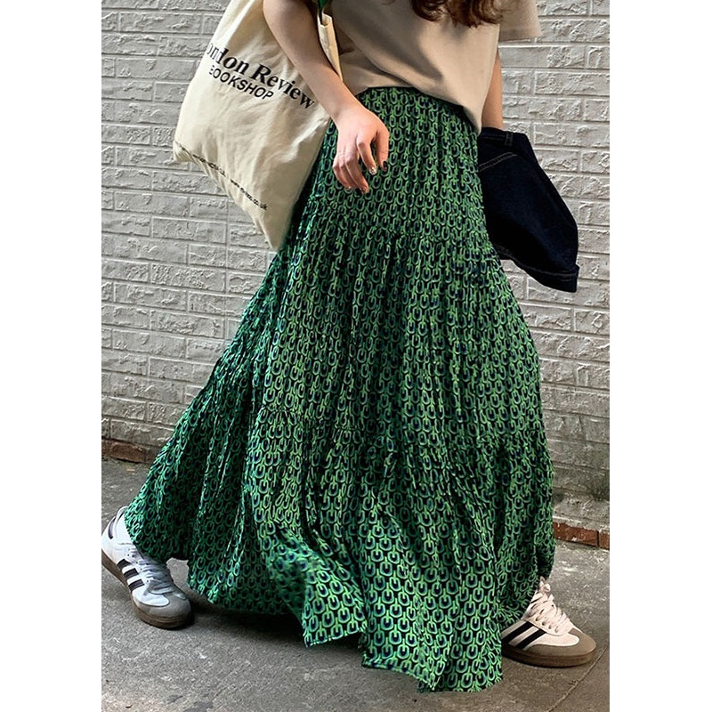 Loose Green Print Wrinkled High Waist Cotton Skirts Summer