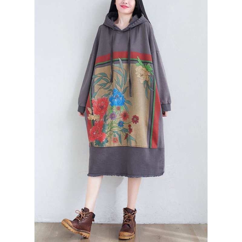 Loose Grey Hooded Print Cotton Maxi Dresses Spring