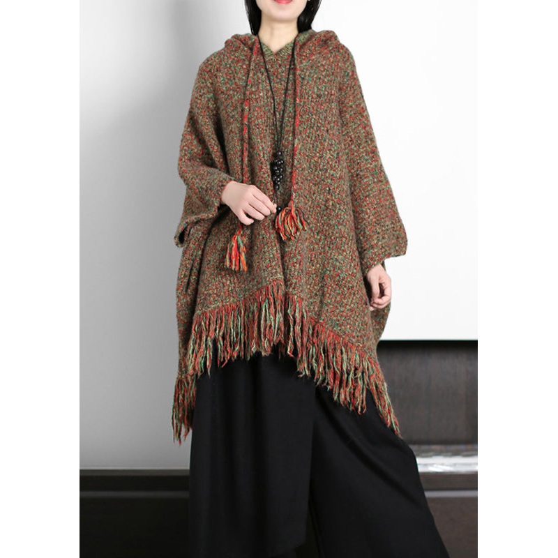 Loose Hooded Tasseled Low High Design Wool Top Batwing Sleeve