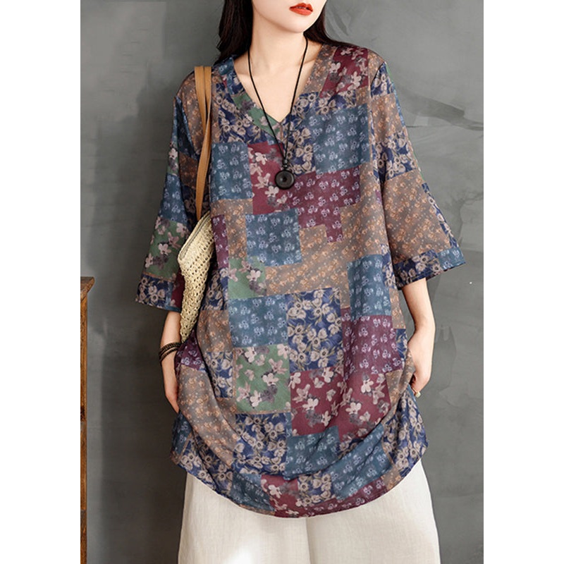 Loose Multi V Neck Print Long Shirts Long Sleeve