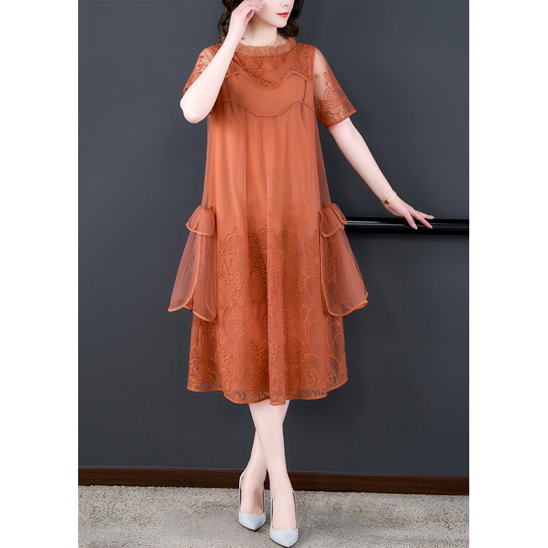 Loose Orange Ruffled Embroidered Tulle Dress Summer