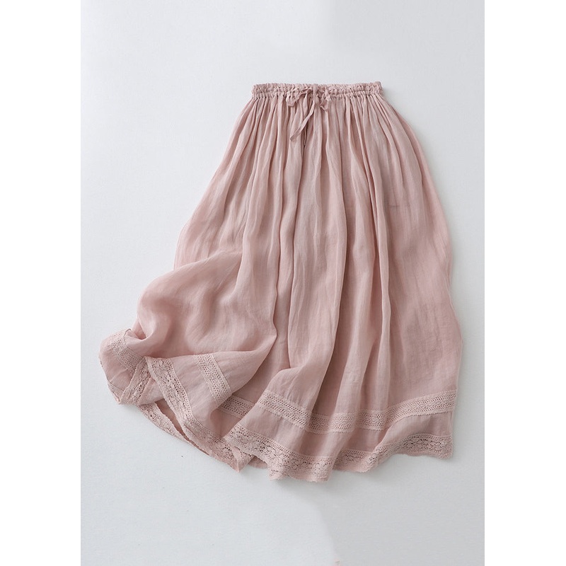 Loose Pink Drawstring Lace Linen Skirt Summer