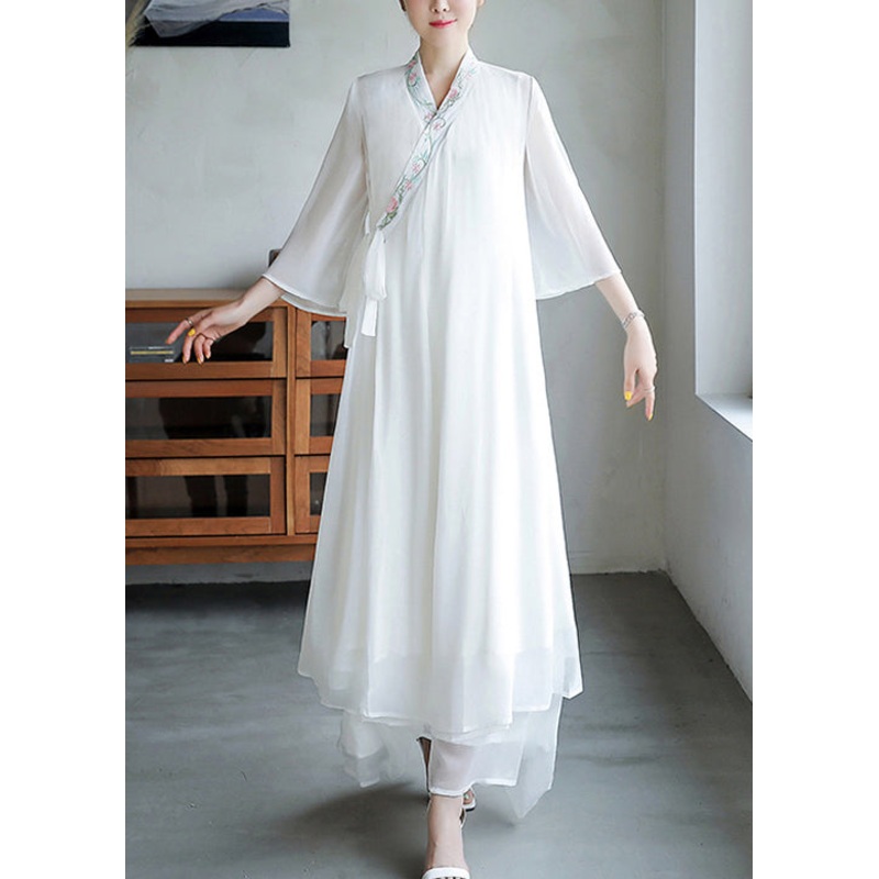 Loose White Embroidered Lace Up Chiffon Dresses Flare Sleeve