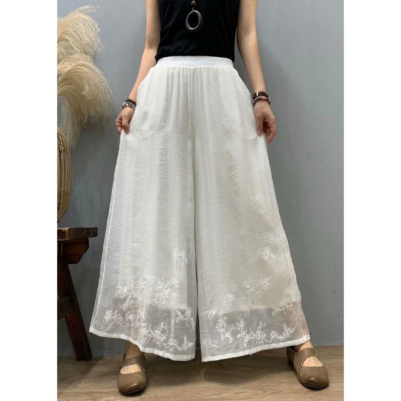 Loose White Embroideried Elastic Waist Silk Linen Wide Leg Pants Summer