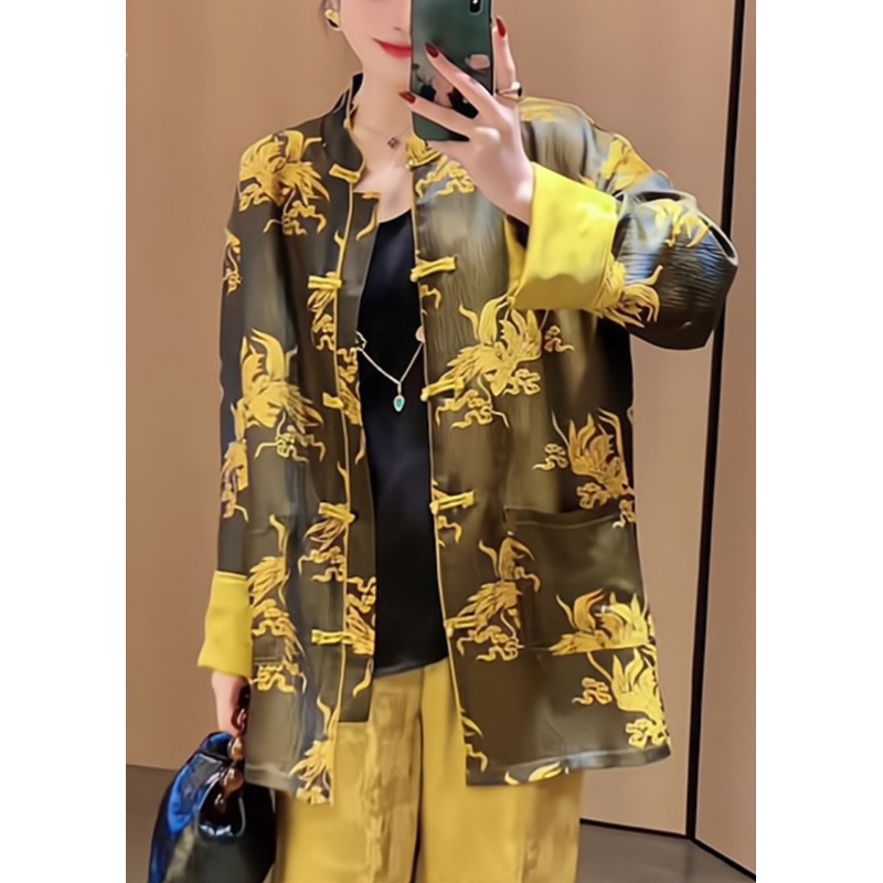 Loose Yellow Print Button Pockets Silk Shirts Long Sleeve