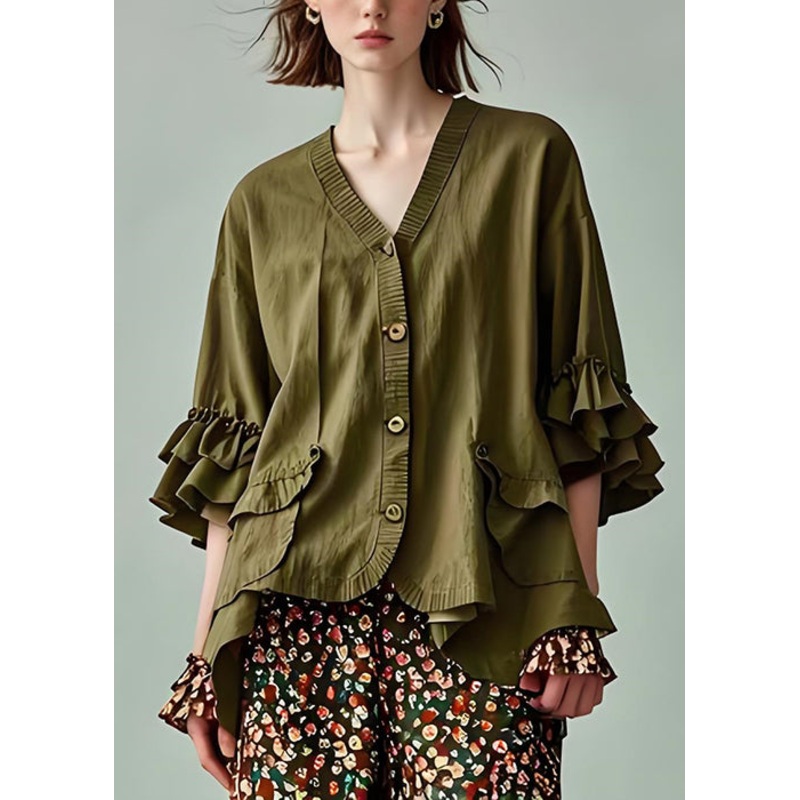 Modern Army Green V Neck Button Patchwork Cotton Coats Petal Sleeve