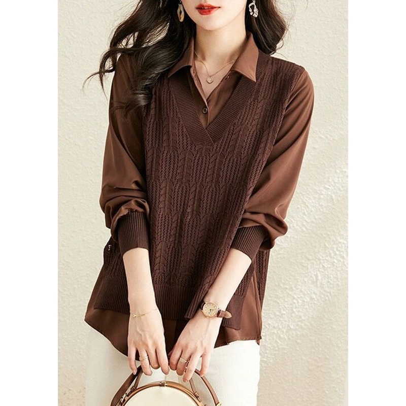 Modern Caramel Peter Pan Collar Patchwork Knit Fake Two Piece Shirts Fall
