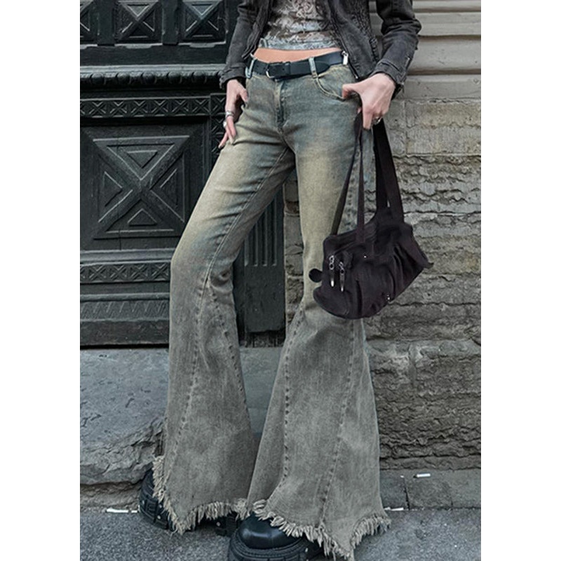 Natural Patchwork Pockets Denim Flared Trousers Spring