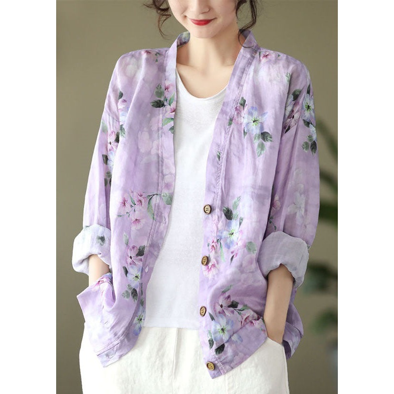Natural Purple V Neck Print Cotton Blouses Spring